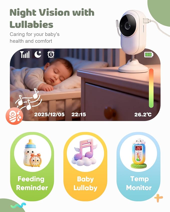 Baby Monitor No WiFi with Clip Mount, 2.8” Wireless Baby Monitor with Camera and Audio, 1080P Video, Night Vision, VOX, Temperature Sensor, 2-Way Audio, Lullabies