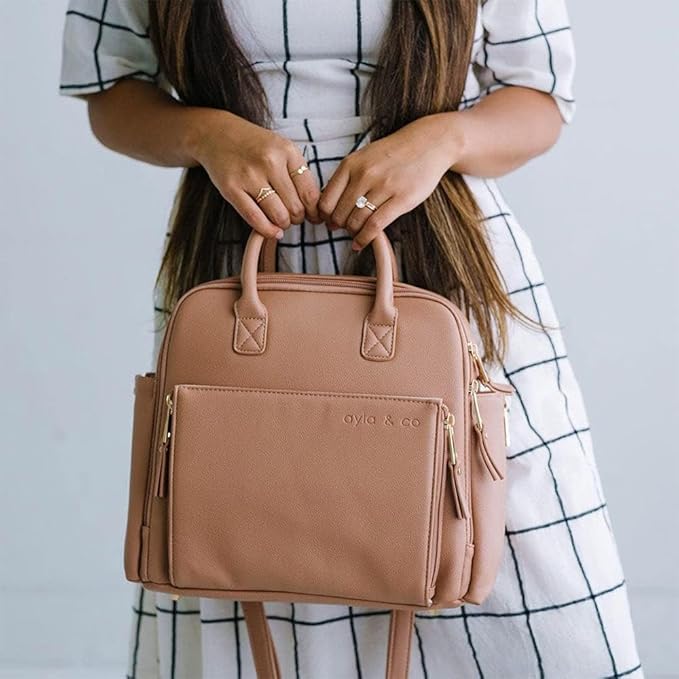 Ayla & Co Mini Bag, Transitional Minimal Diaper Bag, Vegan Leather, with Expandable Pockets, Built-In Wallet, Organizer