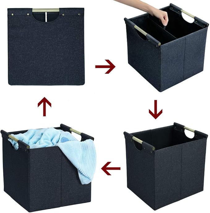HOONEX Collapsible Storage Bins, 13x13x13in Storage Cubes Linen Fabric, 3 Pack, Storage Baskets with Wooden Carry Handles and Sturdy Heavy Cardboard, for Home, Office, Car, Nursery, Dark Grey