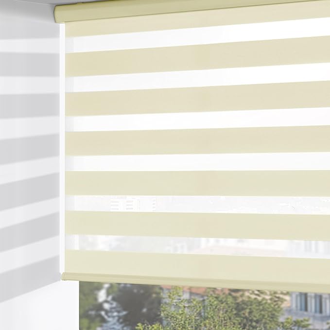 ChrisDowa Cordless Zebra Blinds for Windows, Dual Layer Free-Stop Light Filtering Window Roller Shades, Pull Down Privacy Zebra Shades for Home, Office, Bedroom, Door (71" W x 72" H, Beige)