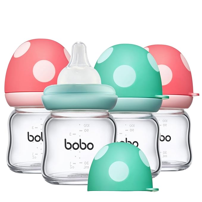 YOHKOH Natural Glass Baby Bottle with Level 1 Slow Flow Nipple, Newborn Anti-Colic Baby Bottles, Wide Neck Mushroom Baby Glass Bottle (3.4oz (Pack of 4), Multicolour)