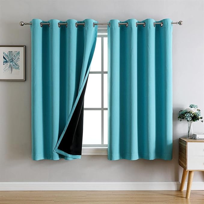 G2000 100% Blackout Curtains for Bedroom Living Room 63 Inch Length Turquoise Room Darkening Window Grommet Thermal Lined Insulated Light Blocking Noise Reducing 2 Panels