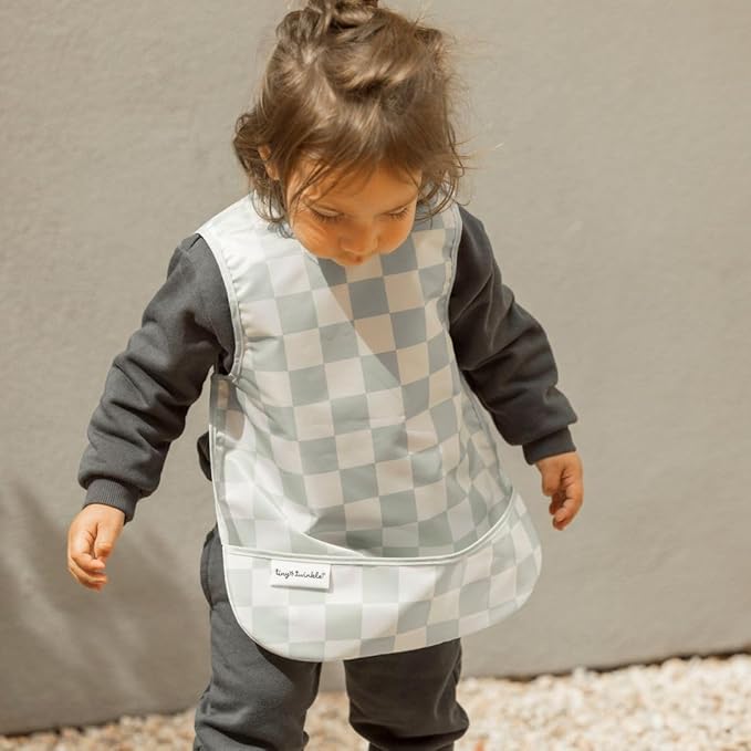 Tiny Twinkle Mess Proof Baby Bib for Boys | Waterproof Toddler Bib for Eating | Baby Apron for Feeding, Machine Washable | Perfect Shower Gift (Green Checkers, 2-4Y)