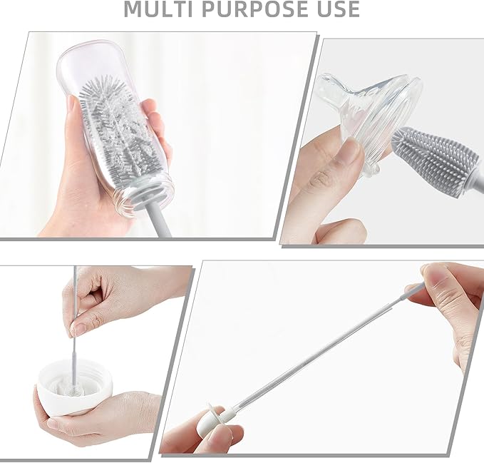 Silicone Bottle Brush and Straw Cleaner Set,Water Bottle Brush Double-Headed,Straw Brush Silicone,Bottle Cleaner Brush for Thermoses and Sports/Water Bottles/Dish/Cup (Grey)