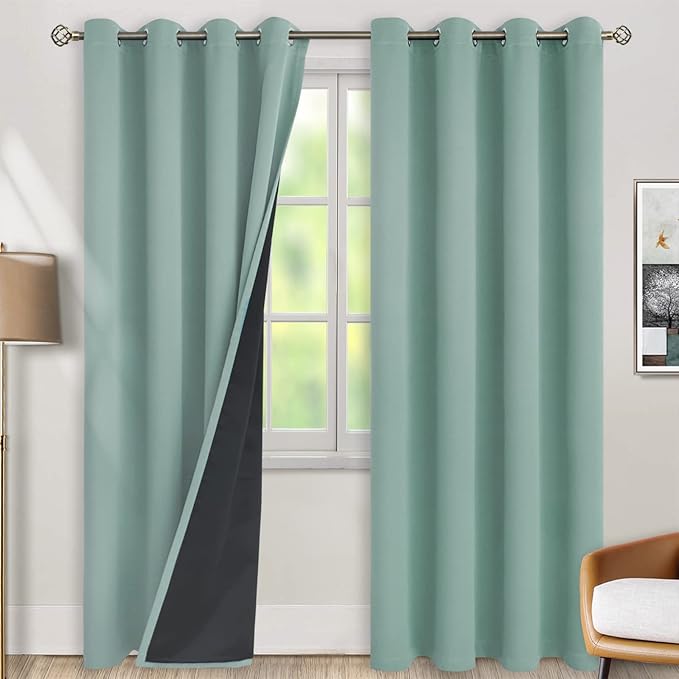 BGment Thermal Insulated 100% Blackout Curtains for Bedroom with Black Liner, Double Layer Full Room Darkening Noise Reducing Grommet Curtain (52 x 90 Inch, Frosty Green, 2 Panels)