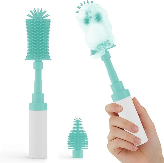 ZTX Push-to-Foam Silicone Bottle Brush Set - One-Press Rich Foam for Baby Bottles, Breast Pump Parts & Nipples - with Detachable Nipple Brush & Portable Travel Storage Bag, Blue