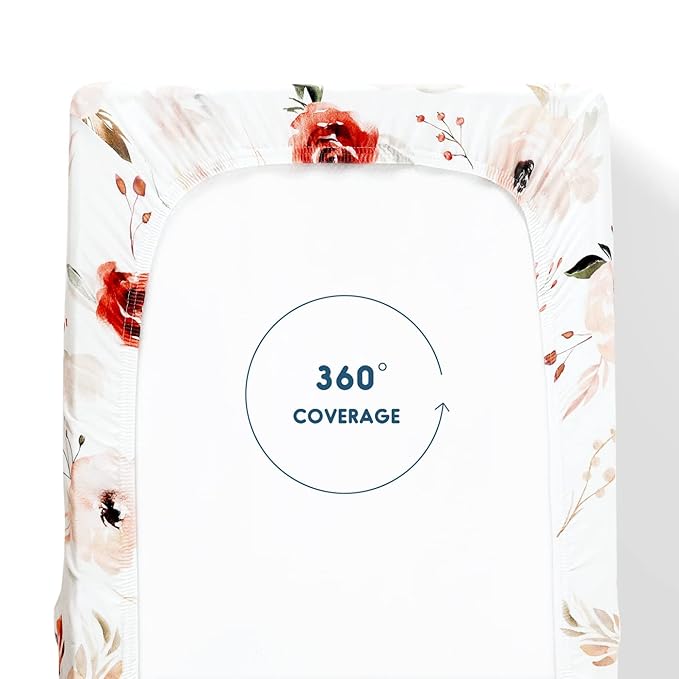 GRSSDER Stretch Ultra Soft Jersey Knit Changing Pad Cover Set 2 Pack, Change Table Pad Covers Fit 32"/34" x 16" Pads Safe and Snug, Pretty Watercolor Rose Flora for Baby Girls, Orange Pink
