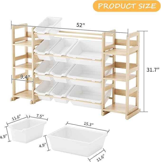 Extra Large Toy Storage - Toy Storage Organizer, Wooden Toy Organizer with 6 Side Shelves and 12 Bins, 3-in-1 Bookshelf for Kids Rooms, Playroom, Nursery, White