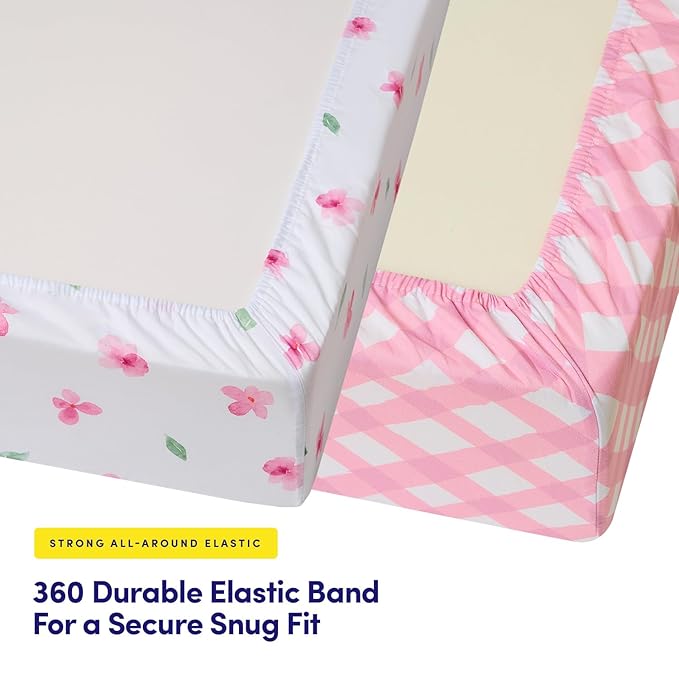 2 Pack Crib Sheets for Boys & Girls – Snug Full Elastic Fit for Standard Crib Mattresses (28″×52″) – Stylish Zoo Animals, Feathers, Gingham & Petals, Watercolor Vines Prints, Gingham & Petals