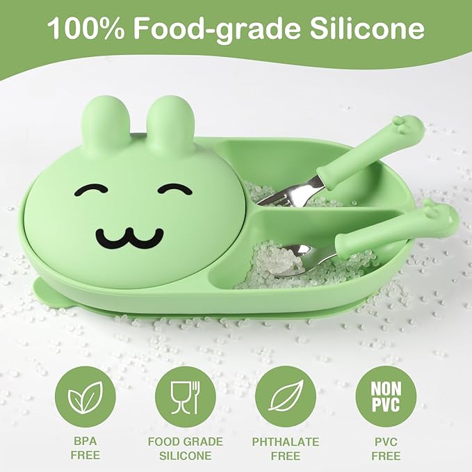 Silicone Baby Plate,Toddler plates,Self-feeding of infants after weaning, 100% Food Grade Silicone, BPA Free, Baby Dinnerware, Baby Plates With Suction, Divided Plate for Babies (green)