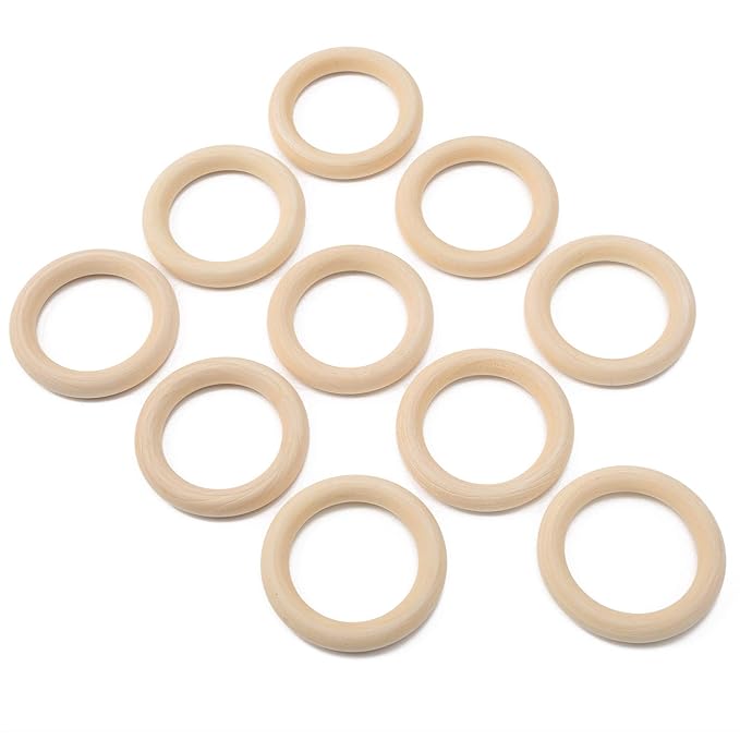 10Pcs Teething Rings, 65mm Baby Unfinished Wood Circles Without Paint, Smooths Circles for Crafts DIY Jewelry Pendant Connectors (Wood Color-65mm)
