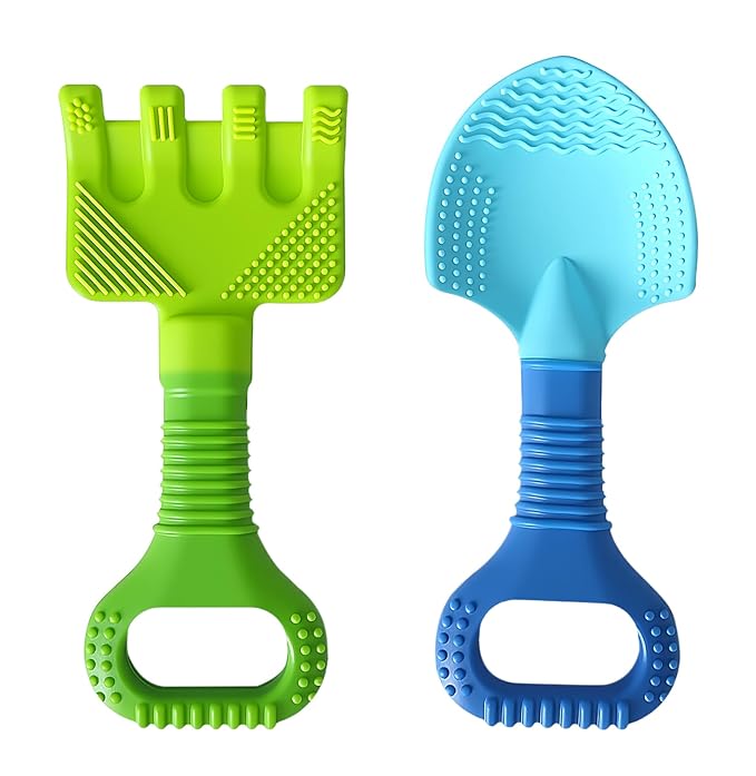 Gardening Tool Baby Teething Toys - Shovel & Rake Silicone Teethers for Babies 3-12 Months, Freezer-Safe Chew Toys for Teething Relief & Sensory Development, Ideal Stocking Stuffers & Christmas Gifts