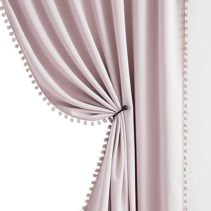 Pink Blackout-Curtains for Bedroom Pom Pom Thermal Insulated 100% Full Blackout Curtain Panels for Girls Baby Nursery Room 84 inch Energy Efficient Window Drapes for Kids 52"w x2 Panels Rod Pocket