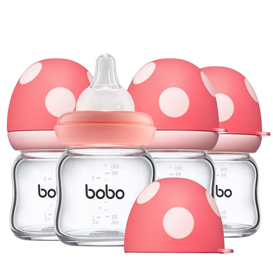 YOHKOH Natural Glass Baby Bottle with Level 1 Slow Flow Nipple, Newborn Anti-Colic Baby Bottles, Wide Neck Mushroom Baby Glass Bottle (3.4oz (Pack of 4), Red)