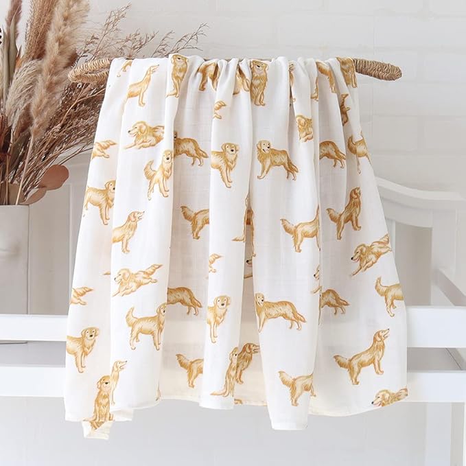 LifeTree Muslin Swaddle Blankets, 70% Viscose from Bamboo and 30% Cotton Baby Swaddle Blankets Unisex Swaddling Blanket for Newborn, Soft Large 47" x 47", Golden Retriever Baby Blanket