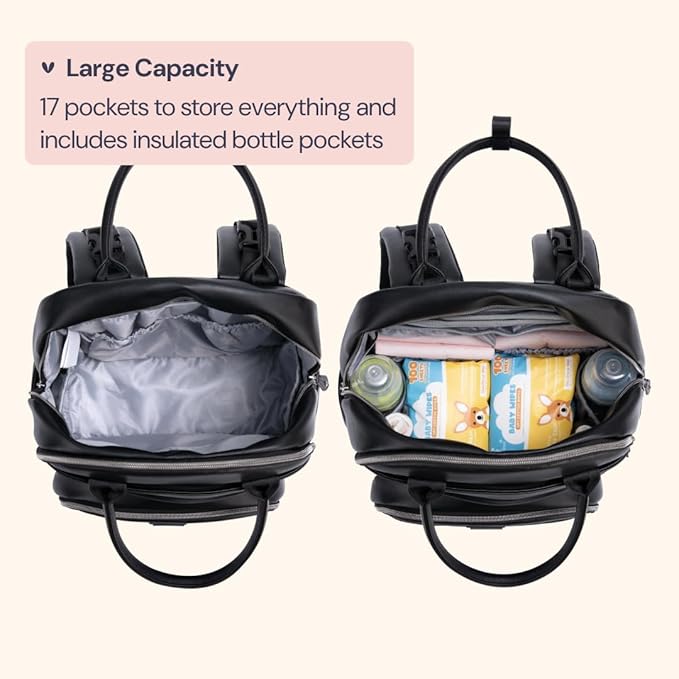BabbleRoo Leather Diaper Bag Backpack - Baby Essentials Travel Baby Bag, Multi function, with Changing Pad, Stroller Straps & Pacifier Case – Unisex, Black