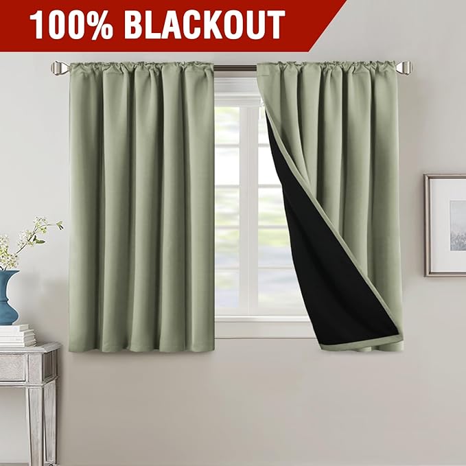 H.VERSAILTEX 100% Blackout Curtains for Bedroom with Black Liner Full Room Darkening Curtains 45 Inches Long Thermal Insulated Back Tab/Rod Pocket Window Drapes for Living Room, 2 Panels, Sage