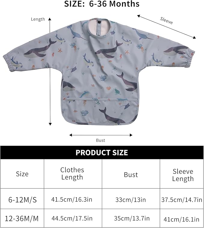 HALAA VAUVA Long Sleeve Baby Bibs for Toddlers, Waterproof, Boys Girls Smock with Food Catcher Pocket for Feeding, Eating