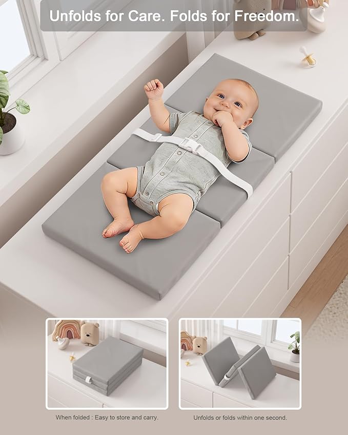 YACODAVO Foldable Baby Changing Pad with Vegan Leather Cover, Standard Side Waterproof & Wipeable Changing Pad for Toddler, Flat Foam Travel Diaper Changing Pad for Dresser and Table, Grey