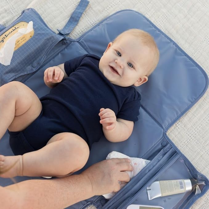 Tiny Twinkle Portable Diaper Changing Pad | Waterproof, Wipeable & Compact Baby Changing Pad for Travel | Smart Wipes Pocket & Organized Storage| Newborn Shower Gift (Grid)