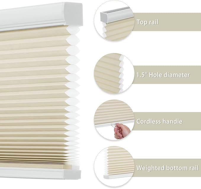 Changshade Cellular Shades Cordless Blinds for Indoor Windows, Honeycomb Blinds Pleated Window Shades Light Filtering for Bedroom, Bathroom, Shade Size 72 inch High 32 inch Wide, Beige