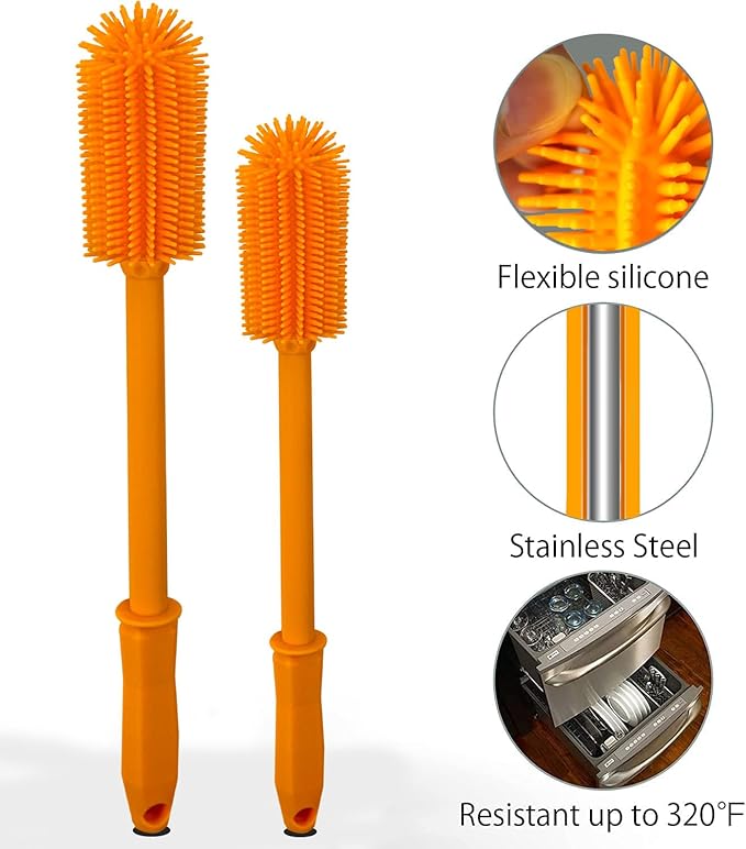 SUPPHOUS Long Silicone Bottle Cleaning Brush | 2 Pack| 16”+13”Water Bottle Brush Cleaner Brush for Hydro Flask,Glassware,Vacuum Sports Bottle&Vases,Silicone Water Bottle Cleaner Brush for Narrow Neck