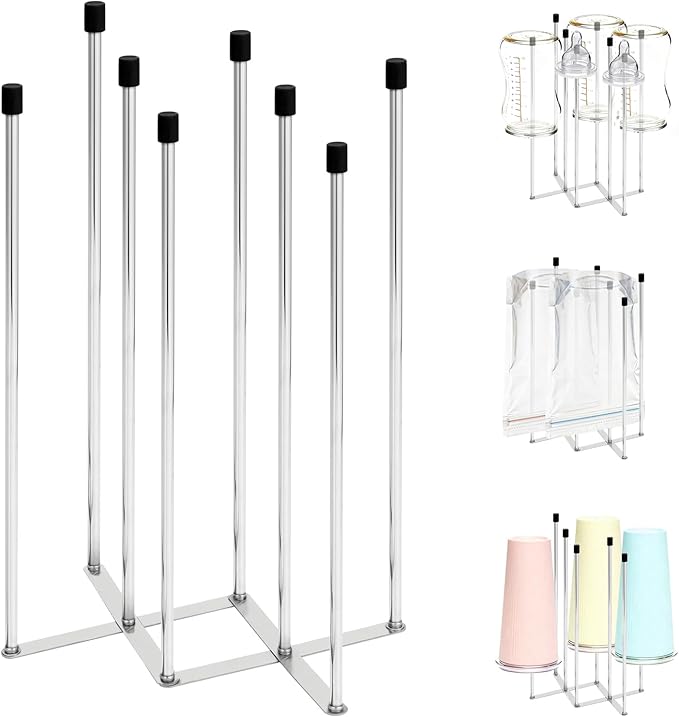 Hogarbliss Foldable Baby Bottle Drying Rack – 8-Pole Collapsible Bottle Organizer, suitable for cups, silicone bags, and kitchen waste bags – Space-Saving Countertop Dryer for Home & Travel (Silver)