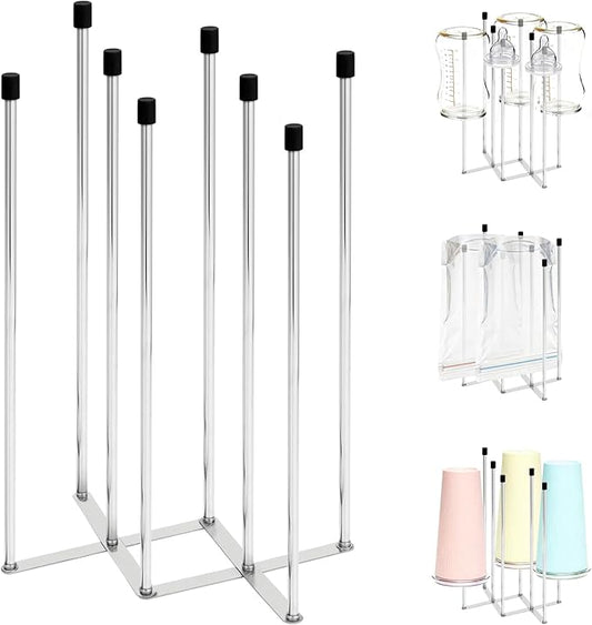 Hogarbliss Foldable Baby Bottle Drying Rack – 8-Pole Collapsible Bottle Organizer, suitable for cups, silicone bags, and kitchen waste bags – Space-Saving Countertop Dryer for Home & Travel (Silver)