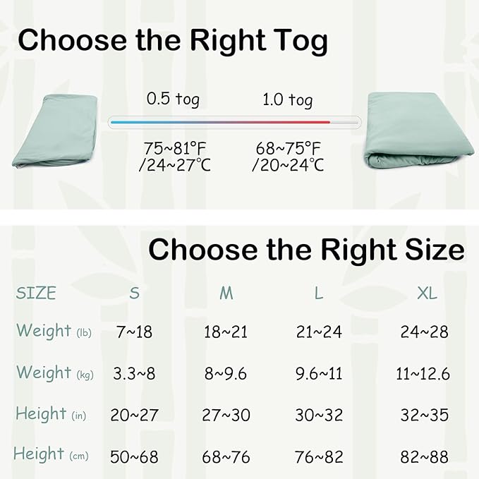Supersoft Rayon Made from Bamboo Sleep Sack 6-12 Months 0.5 Tog Lightweight Toddler Sleep Sack Baby Wearable Blanket with 2-Way Zipper Summer Unisex Sleeping Bag for Babies (2 Pack) Green & Gray