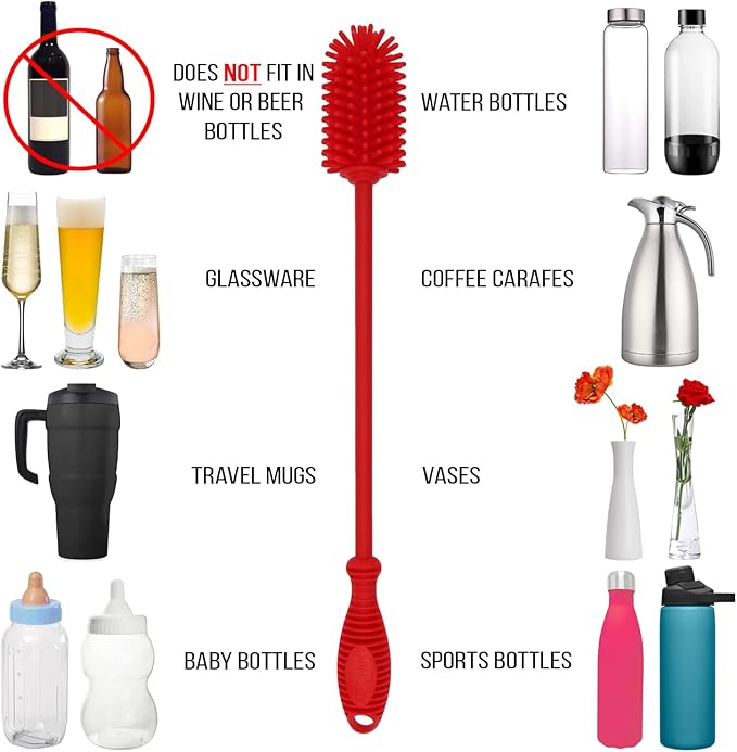 Kitchiny 12.5" Silicone Bottle Brush & Straw Cleaner Brush Set | Water Bottle Cleaner for Hydro Flasks, Tumblers, Glassware, Vases and Narrow Neck Containers