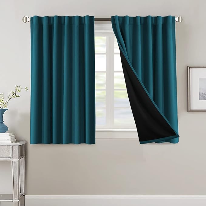 H.VERSAILTEX 100% Blackout Curtains for Bedroom with Black Liner Full Room Darkening Curtains 45 Inches Long Thermal Insulated Back Tab/Rod Pocket Window Drapes for Living Room, 2 Panels, Dark Teal
