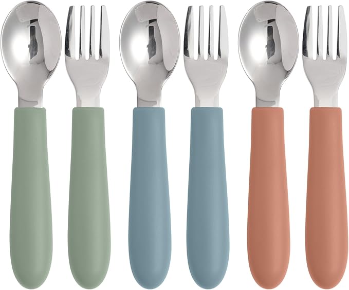 Eascrozn Toddler Utensils, Kids Silverware with Silicone Handle, Spoons and Forks Set, 18/8 Stainless Steel Children Safe Feeding Supplies, 6 Pack, Dishwasher Safe