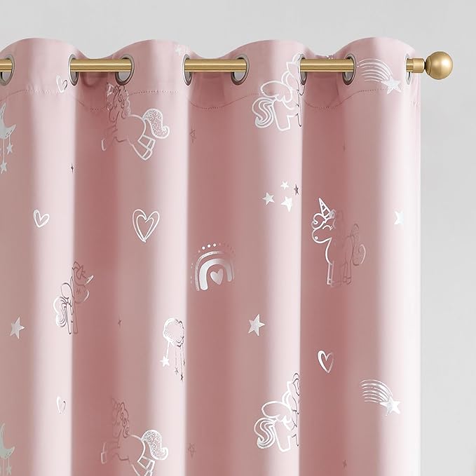 Vangao Rainbow Room Darkening Kids Curtains for Girls Bedroom Pink Unicorn for Kids Nursery Room Silver Foil Print Curtains Thermal Insulated Drapes Grommet Window Drapes 84 Inches Length 2 Panels