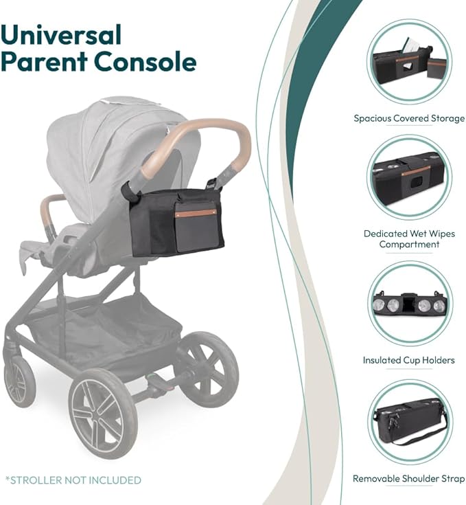 WONDERFOLD Universal Parent Console Stroller Organizer with Insulated Cup Holders, Hook & Loop Closure Handle Attachment, 2 Storage Pockets, Removable Shoulder Strap for Easy Transport
