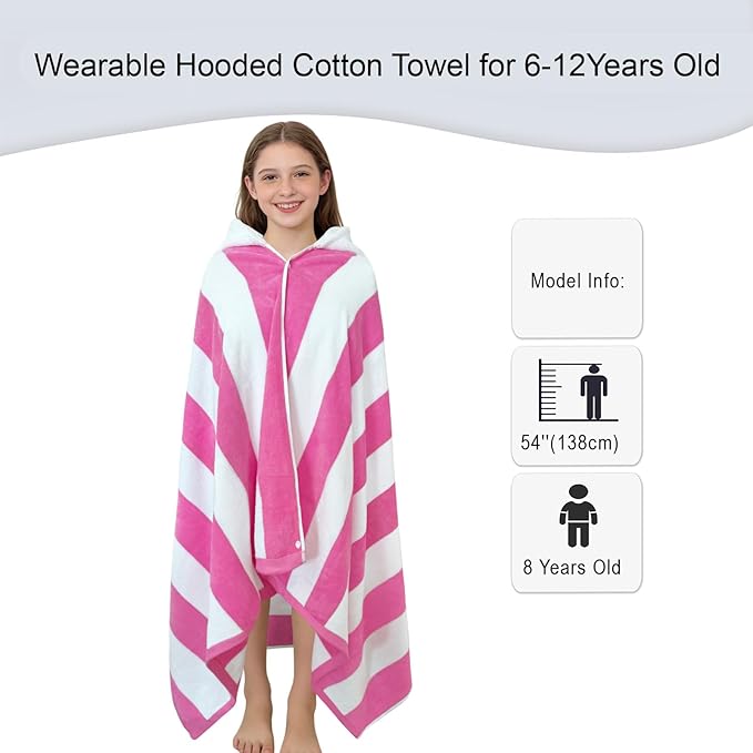 Hooded Bath Towel Wrap for Teens/Big Kids (8-14 Years,68"X34") | Soft Fluffy Quick Dry Absorbent 100%Cotton Thick Towel | Versatile Beach, Pool, Swim & Bath Cover-Up | Hot Pink Wide Stripe