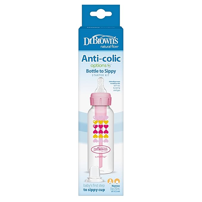 Dr. Brown's Anti-Colic Options+ Narrow Sippy Bottle Starter Kit, 8oz/250mL, with Level 3 Medium-Fast Flow Nipple and Soft 100% Silicone Sippy Spout, Pink, BPA Free, 6m+