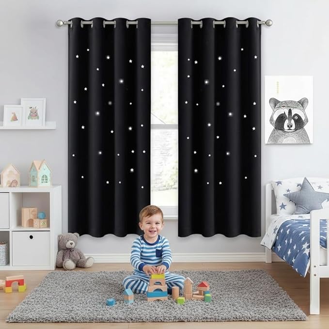 NICETOWN Star Curtains for Bedroom, Blackout Nursery Essential Laser Cutting Star Black Out Curtains for Dorm Room (Double Panels, 52 Wide x 63 Inch Long)