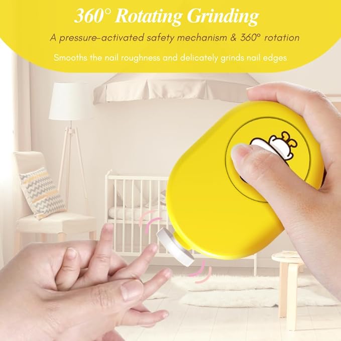Electric Baby Nail File, Safe and Gentle Electric Baby Nail Trimmer with Interchangeable Pads, Low Noise Newborn Nail File and Baby Nail Buffer, Compact Nail Trimmer for Baby Grooming Kit (Yellow)