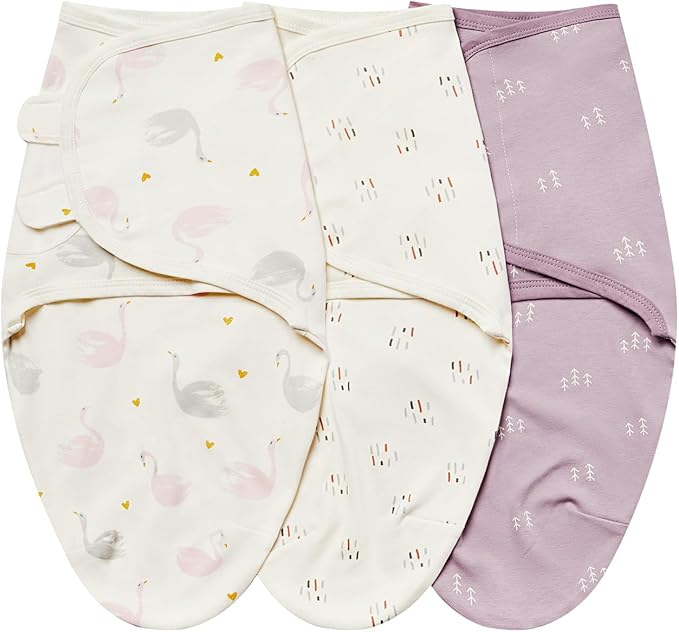 insular Baby Swaddle Wrap, Swaddle Blanket for Newborn and Infant, Adjustable Swaddling Set for Boy and Girl, Soft Cotton Baby Sleep Sack 3 Pack, Beige Swan, Small(0-3 Month)