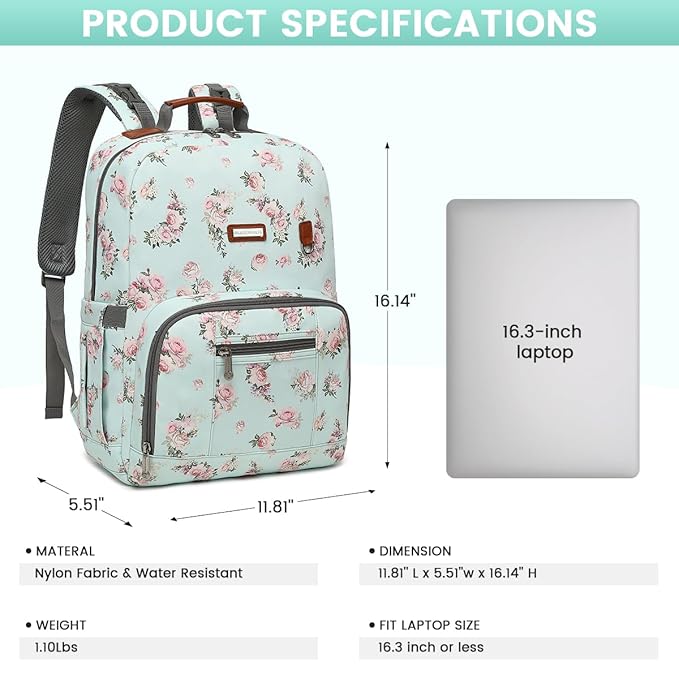 Diaper Bag Backpack, Large Baby Nappy Bags with Portable Changing Pad for Boys and GirlsMultifunction Travel Baby Bag for Moms Dads, Shower Gifts Waterproof and Stylish，Flower Green