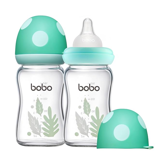 YOHKOH Natural Glass Baby Bottle with Level 1 Slow Flow Nipple, Newborn Anti-Colic Baby Bottles, Wide Neck Mushroom Baby Glass Bottle ((5.4oz (Pack of 2), Blue-A)