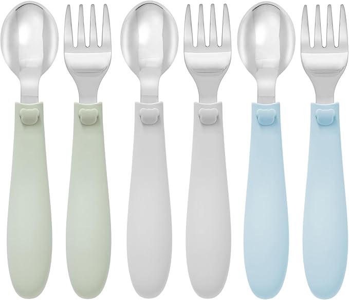 Ali+Oli Toddler Utensils Set (6 Pack) – Stainless Steel Kids Silverware with Soft Silicone Handles, BPA Free Baby Forks and Spoons, Durable Children Flatware Dishwasher Safe for Self Feeding (Bears)