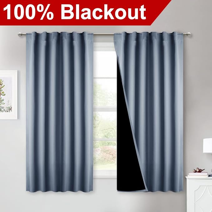 NICETOWN 100% Blackout Curtains 63 inches Long, Thermal Insulated Full Blackout Lined Drapes, Privacy Energy Efficiency Window Draperies for Bedroom Kitchen (Stone Blue, 2 Panels, 52-inch W)