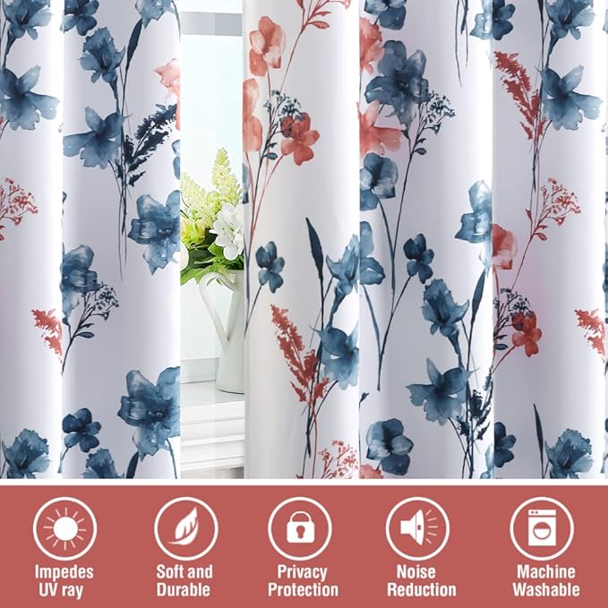 H.VERSAILTEX 100% Blackout Curtains 96 inch Length 2 Panels Set Cattleya Floral Printed Drapes Leah Floral Thermal Curtains for Bedroom with Black Liner Sound Proof Curtains, Stone Blue and Coral