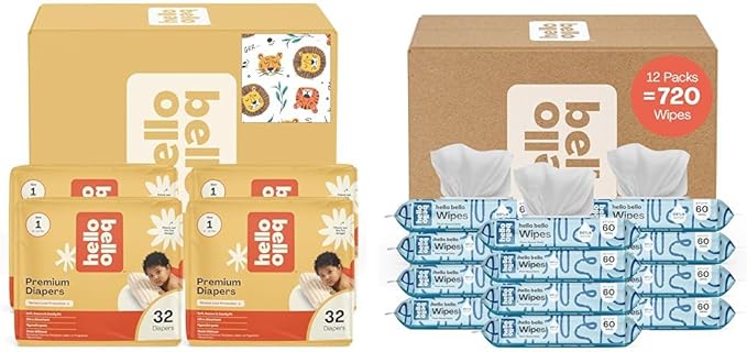 Hello Bello Diapers, Size 1 (8-12 lbs) Wild Cats, 128 Count Value Pack of Premium Disposable Baby Diapers, Hypoallergenic with Soft, Cloth-Like Feel + Extra Gentle Unscented Baby Wipes, 720 Count