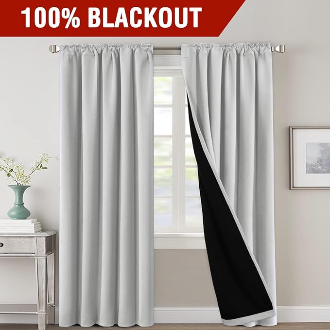 H.VERSAILTEX 100% Blackout Curtains for Bedroom with Black Liner Full Room Darkening Curtain 96 Inch Long Thermal Insulated Back Tab/Rod Pocket Window Drapes for Living Room, 2 Panels, Greyish White