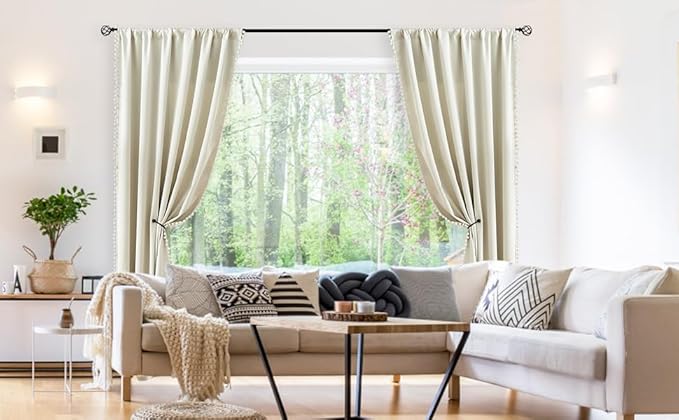 Ivory Full Blackout Curtains for Living Room Bedroom 95 inch Energy Saving Window Curtains Ivory/ Beige Pom Pom Thermal Insulated Curtain Panels for Baby Nursery Girl's Room 52"W Rod Pocket 1 Pair