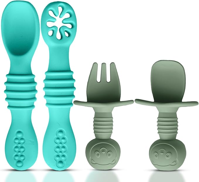 HippoBaby 4pc Silicone Baby Spoons Self Feeding Baby Utensils 6-12 Months - 3 Baby Spoon - 1 Baby Fork - Toddler Cutlery Set - BPA Free, Dishwasher Safe - Baby Eating Essentials (Turquoise/Pickle)