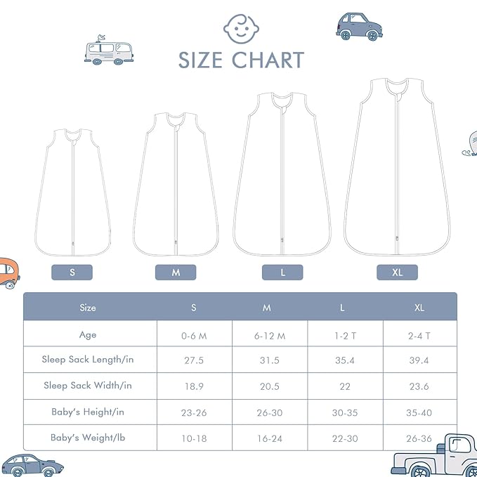 TADO MUSLIN Baby Sleep Sack 6-12 Months Wearable Blanket for Babies 100% Organic Cotton 2-Way Zipper YKK 0.5 TOG Toddler Sleeping Sacks Cars