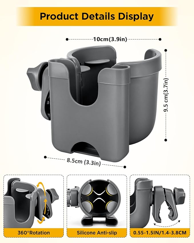 Universal Stroller Cup Holder with Mobile Phone Case, 2-in-1 Strollers Storage Rack, 360 Degrees Rotation Drink Holder for Bike, Pushchair, Wheelchair, Walker,Bicycle, Fits Most Cups (Gray)